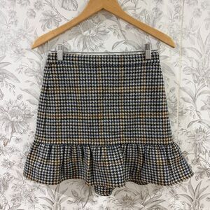 J. Crew Brown Plaid Gingham Houndstooth Ruffle Hem Skirt Wool Sz 4 Preppy